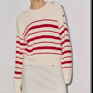 Urban Revivo Striped Off White+Red Drop Shoulder Nautical Feminie Knit Sweater